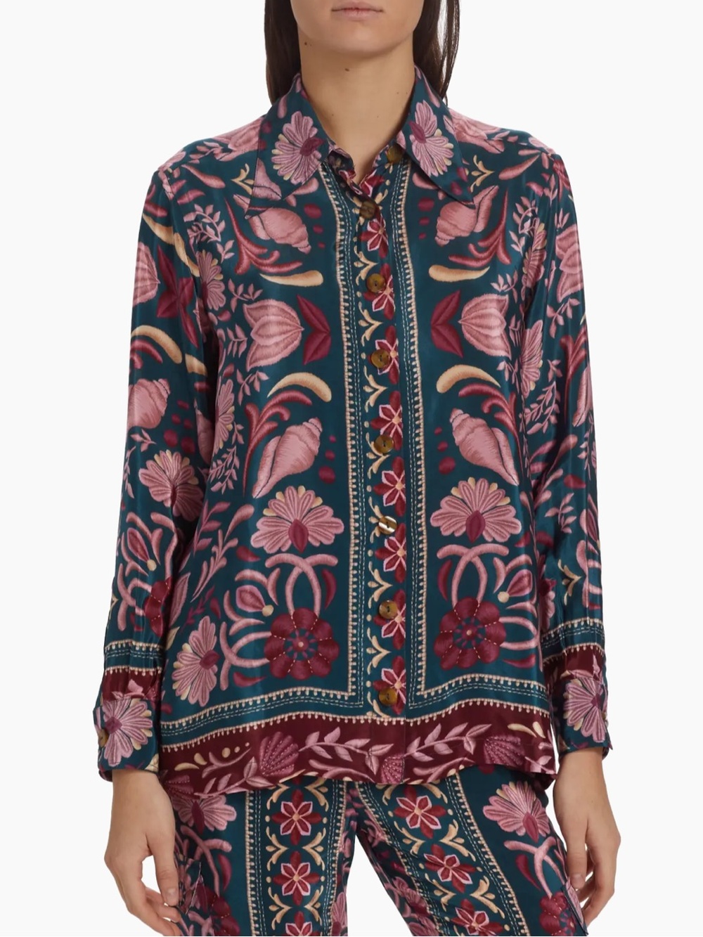 Farm Rio Women’s M Seashell Tapestry Buttoned Shirt Long Sleeve Floral Pink